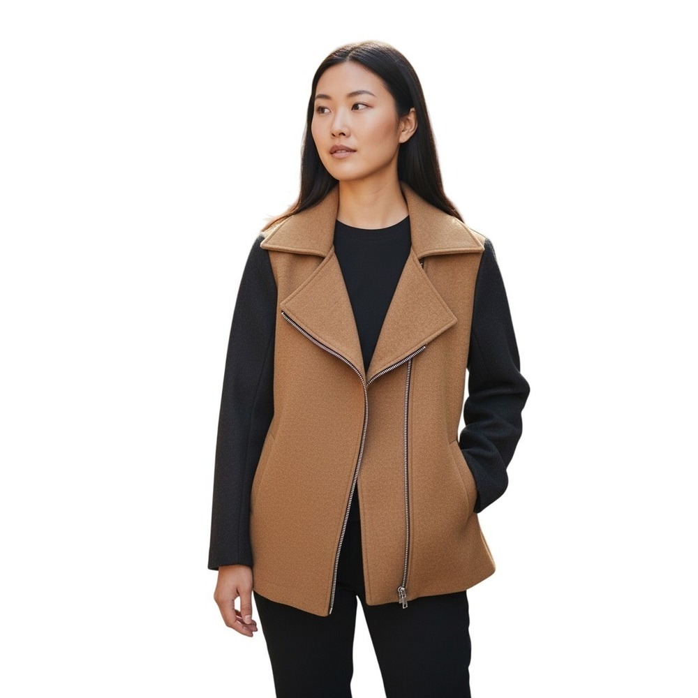 OTIS & MACLAIN Asymmetrical Zip Wool Blend‎ Moto Jacket Camel Black Size S